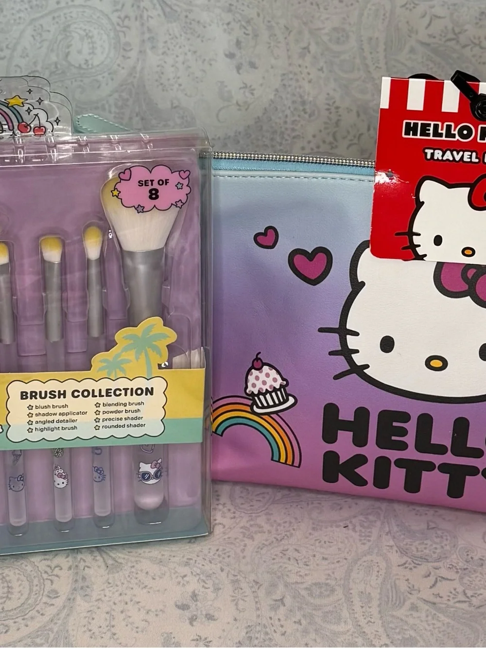 Hello Kitty Purple to Blue Ombre Cosmetic Pouch with Pink Brush Set of 8
